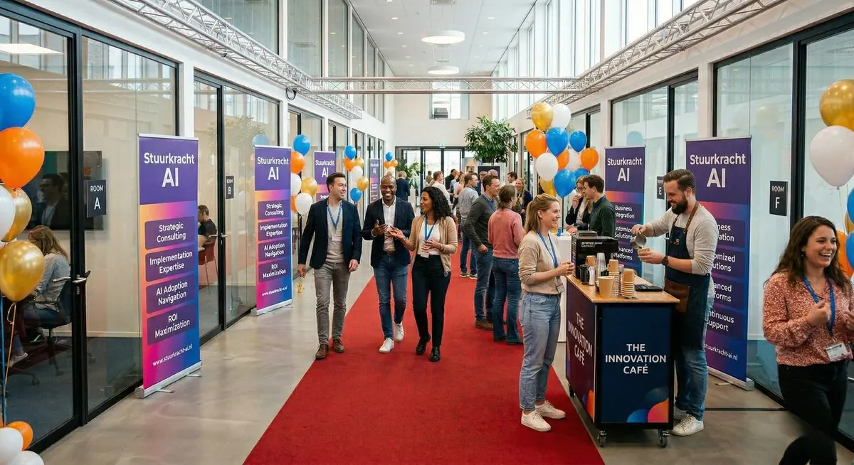 Deelnemers lopen door de gang bij een AI-Werkplaats sessie van Stuurkracht, met balloncorners en Stuurkracht AI-banners