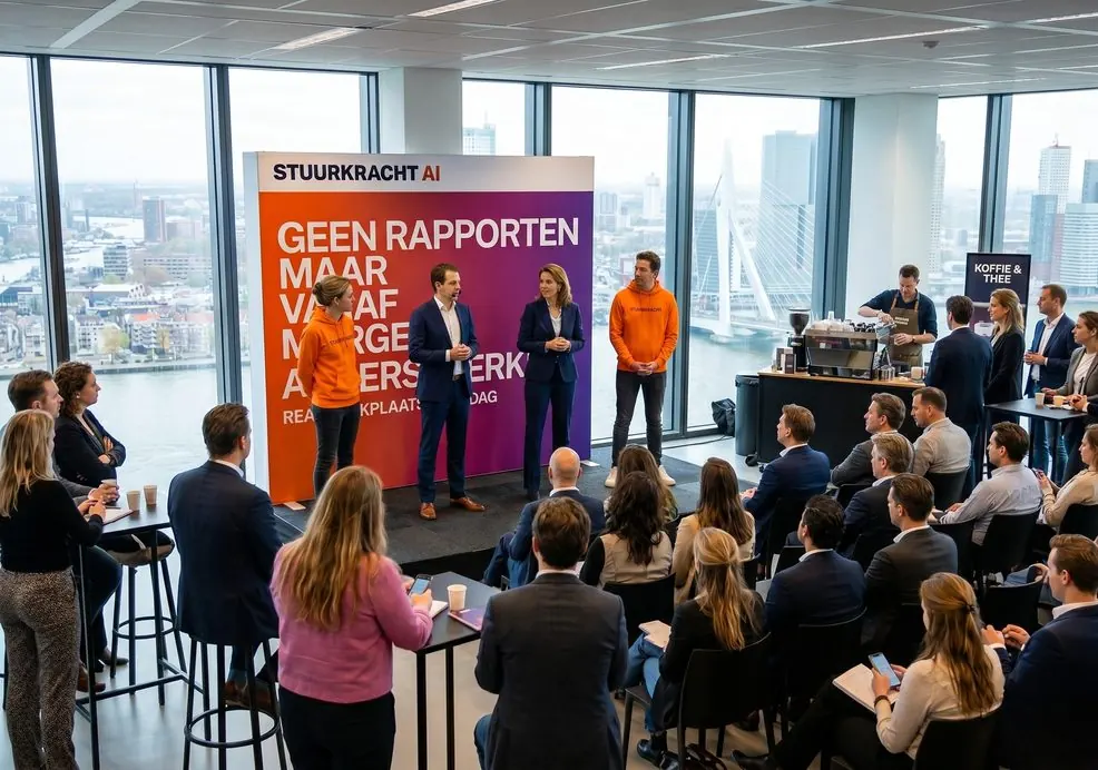 Presentatie tijdens een AI-Werkplaats van Stuurkracht met de tekst 'Geen rapporten maar vanaf morgen anders werken'